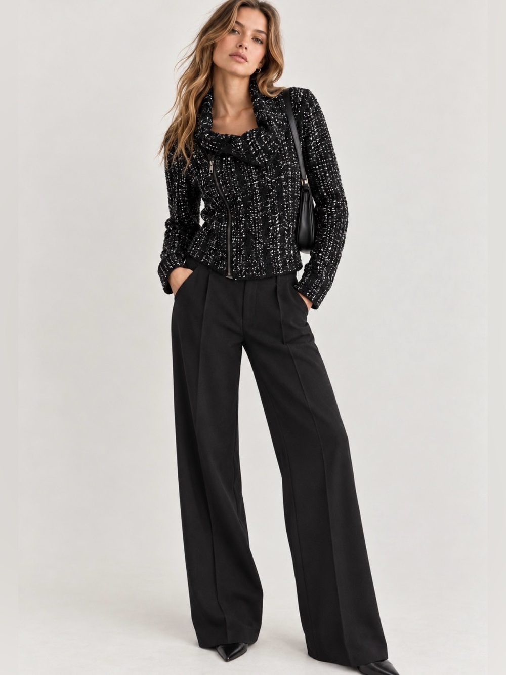 BCBGMaxAzria Black and White Tweed Cowl Neck Sweater Zip up